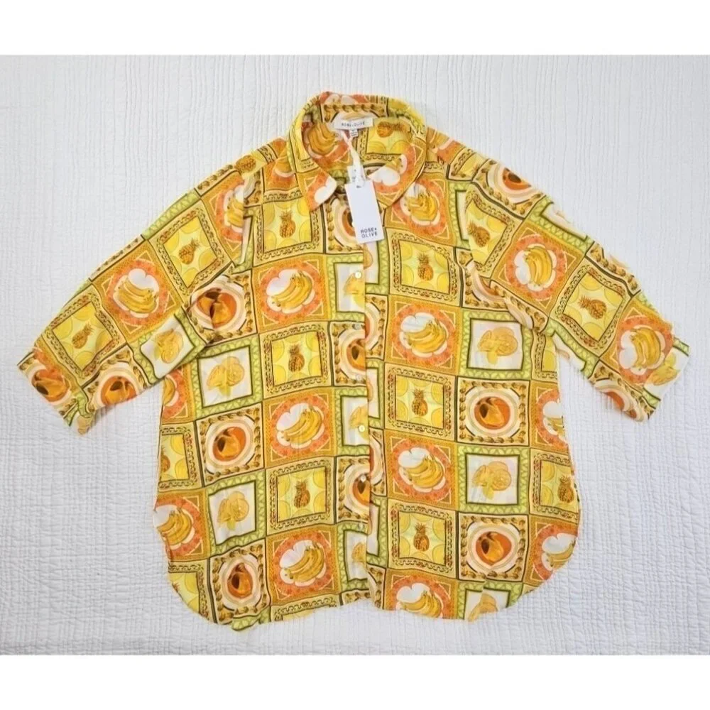 Rose + Olive Top Women's 1X Tropical Fruit Motif Yellow 3/4 Sleeve NWT Old Money
